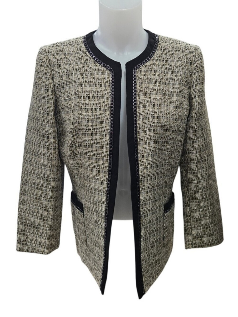 VTG Tahari Tan Black Tweed Chain Link Trim Suit Jacket Blazer Sz 8 Arthur Levine